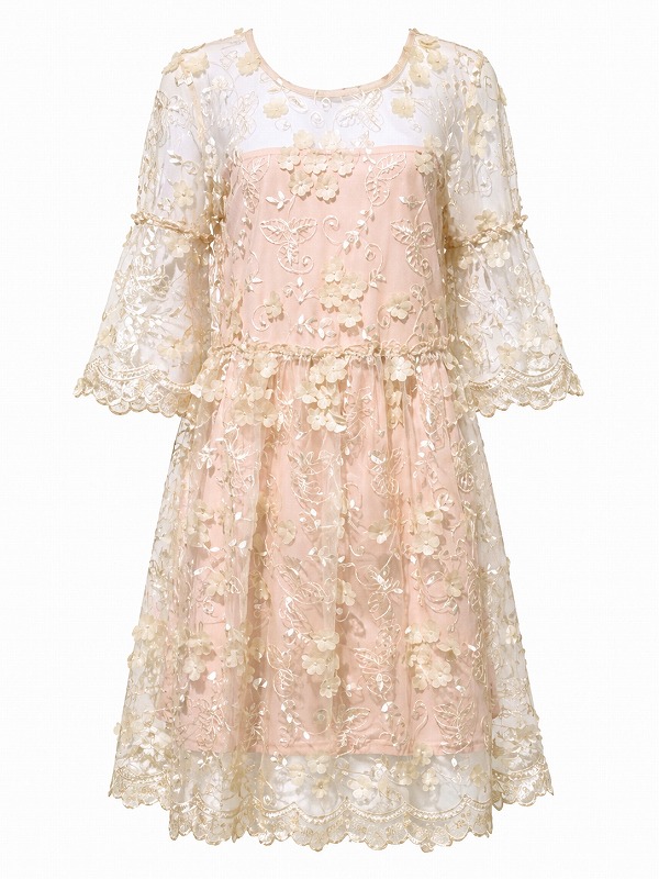 【新品DRESS 181】立体フラワーモチーフレースフレアミニドレス ベージュ【LOUXURY】